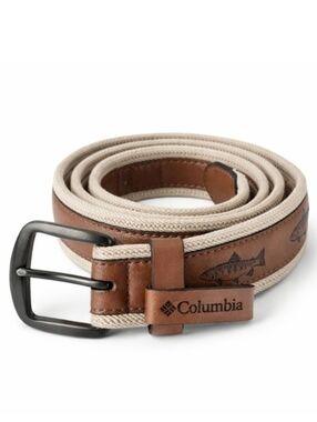 Columbia Canvas Leather Belt Fish Design Brown Tan Outdoor Casual Men.
